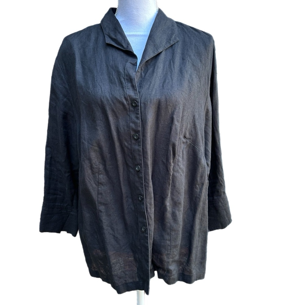 Talbots Black Irish Linen Button Down Shirt 3/4 Sleeves